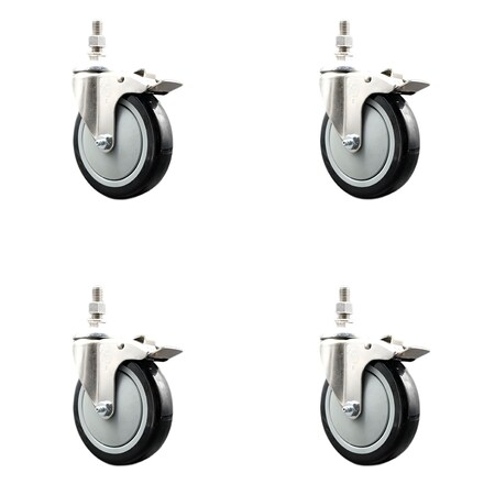Service Caster 5 Inch 316SS Black Polyurethane Wheel Swivel 12mm Stem Caster Set Lock Brake SS316TSTTL20S514-PPUB-BLK-M1215-4